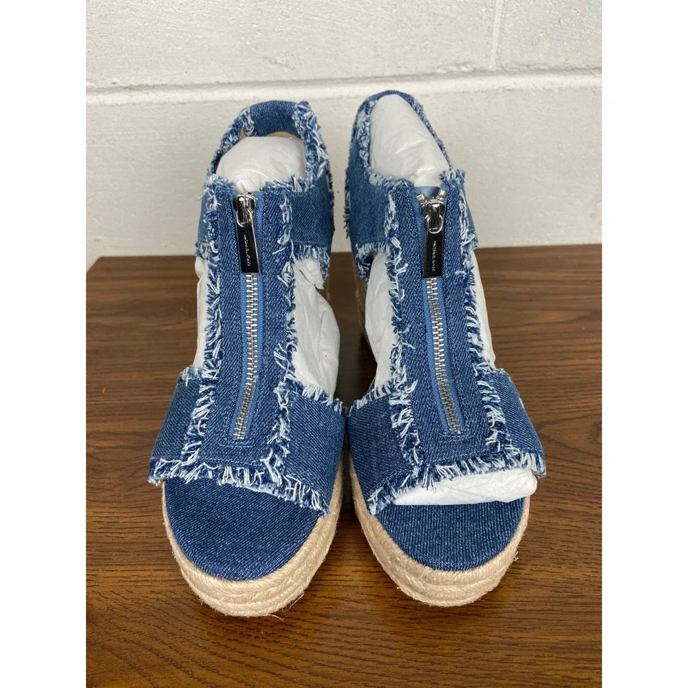 NIB Michael Kors Berkley Mid Denim Espadrille Wedge Zip Up Detail 9.5M‎ Blue